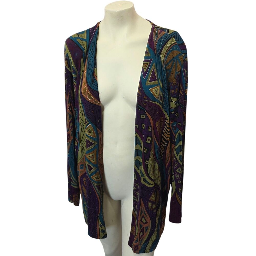 Vintage Arco L/XL Abstract Tribal Open Front Duster Cardigan USA Boho Artsy